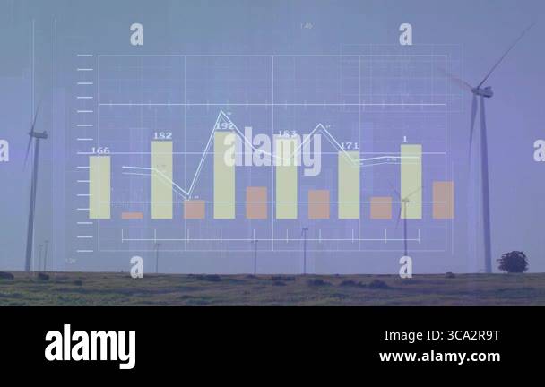 Translucent data overlay being animated over wind farm with bar charts ...