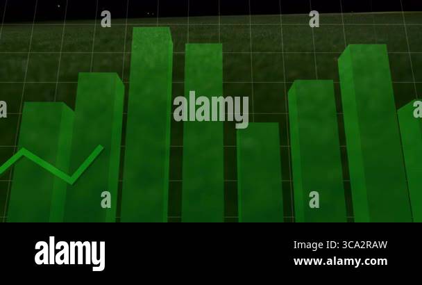 soccer player kicking ball on pitch, overlaying 3D green chart and line ...
