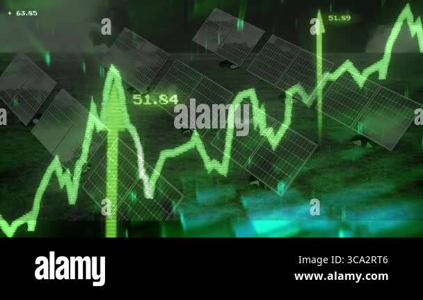Solar panels tilting on grassy field, with neon green stock graph line ...