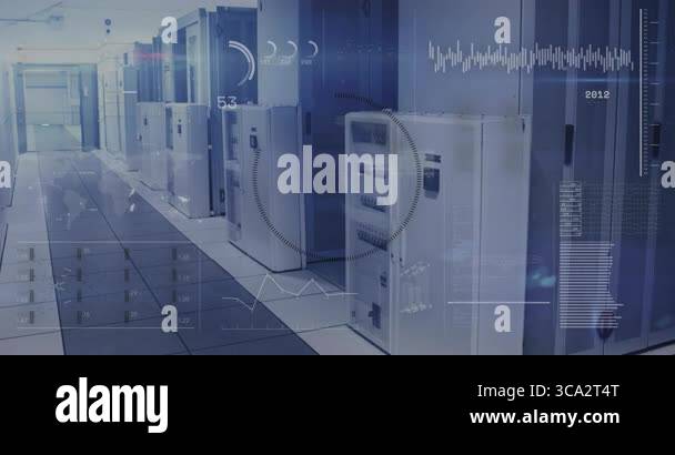 Animating high-tech data center corridor featuring open server cabinet ...