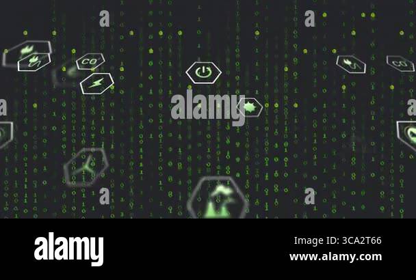 3D animation showing floating hexagon icons displaying green eco-tech ...