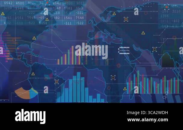 Global map displaying dynamic data streams with color bar charts ...