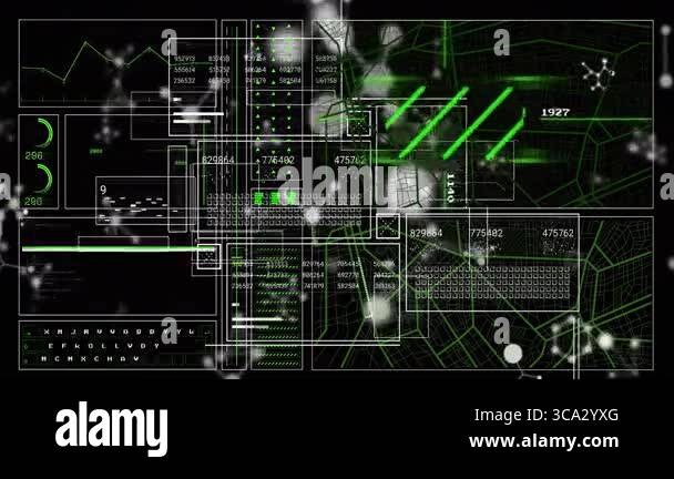 Animated data interface displaying scrolling charts numeric tables ...