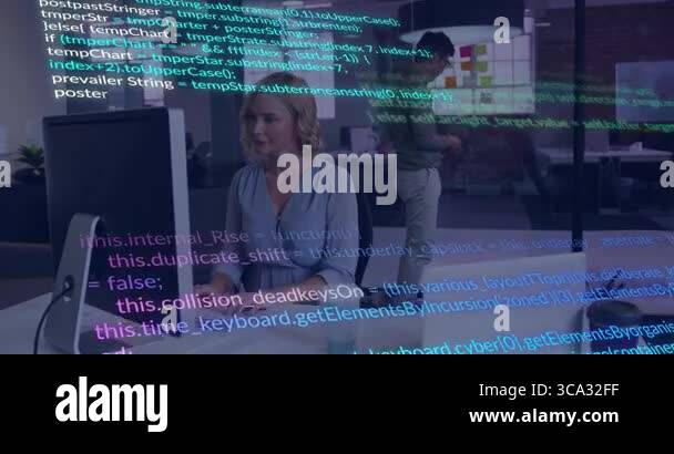 female developer coding at open-plan tech office, showing animated code ...