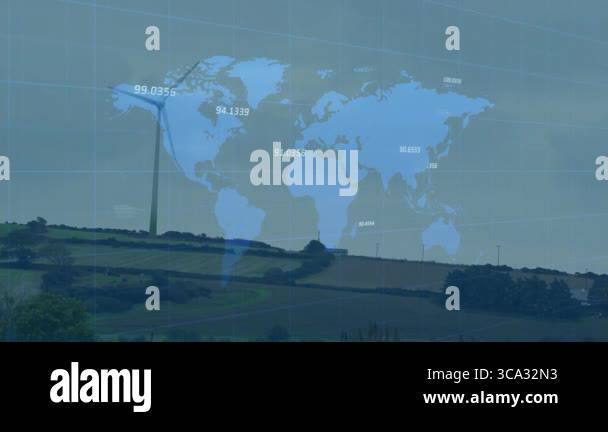 Renewable energy data being visualized over rolling fields, with wind ...