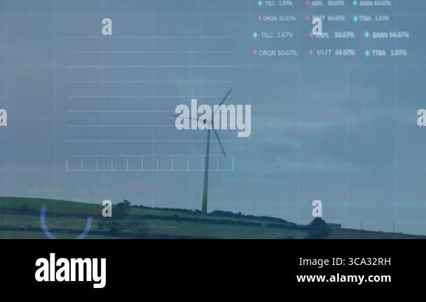 Wind turbine generating data feed across green hill, showing grid ...