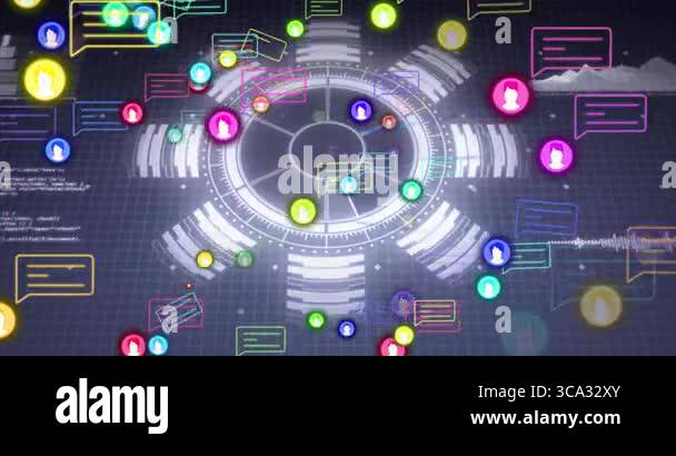 Central circular hub rotating amid segmented rings, user icons and chat ...