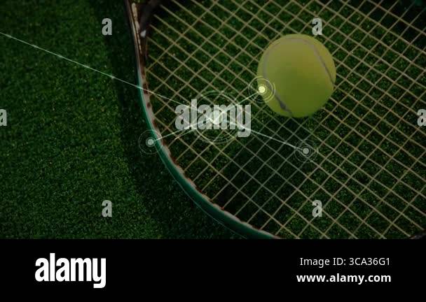 Tennis racket featuring tennis ball on strings while digital network ...