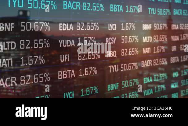 3D floating stock market data overlaying dusk city skyline with ticker ...