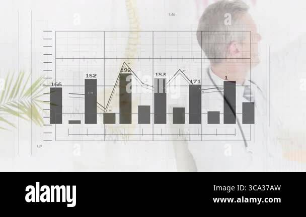 Senior doctor behind bar chart and line graph overlay, gesturing and ...