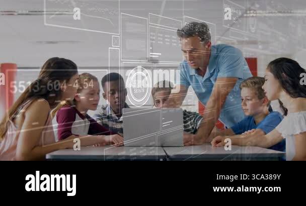 Teacher Using Technology Graphics Teacher guiding students using laptop in modern classroom, projecting ...