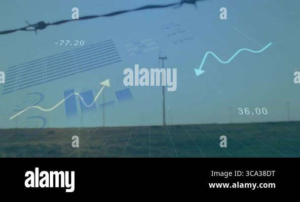 Flat design wind turbines spinning on plain, showing translucent charts ...