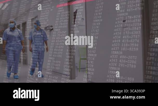 female nurses walking healthcare corridor with animated code overlay ...