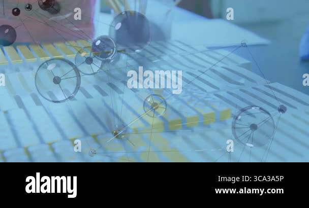 3D network spheres and lines floating over lab desk, showing pink ...