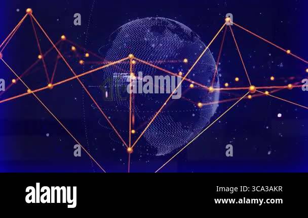 Animating digital network mesh around wireframe globe showing numeric ...