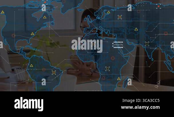 Woman scrolling tablet screen and initiating world map with data points ...