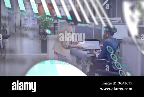 Analyst typing as peer arriving triggers business charts morphing to ...