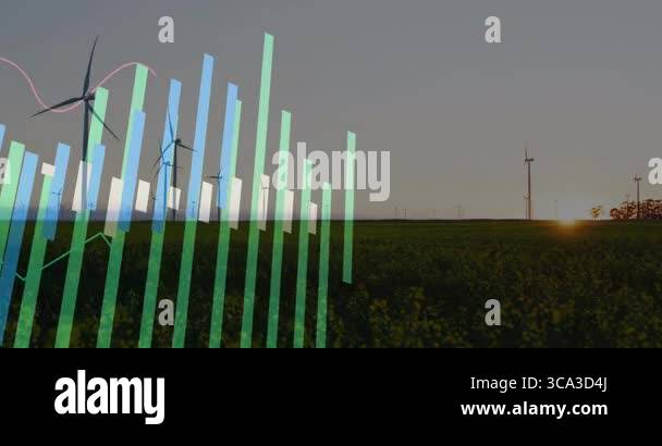 At start translucent data bars rising over wind farm with magenta line ...