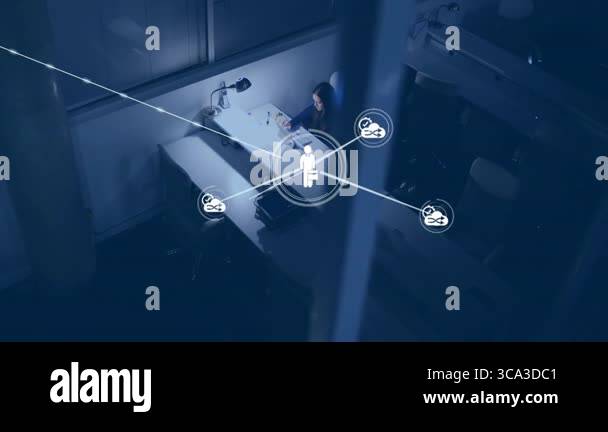 Woman by window tapping device as user icon fading and spawning mapping ...
