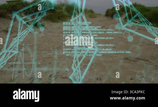 Translucent holographic molecular diagrams floating over sandy dune ...