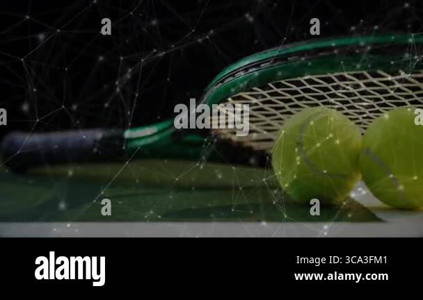 3D showing green tennis racket lying on court under network overlay ...