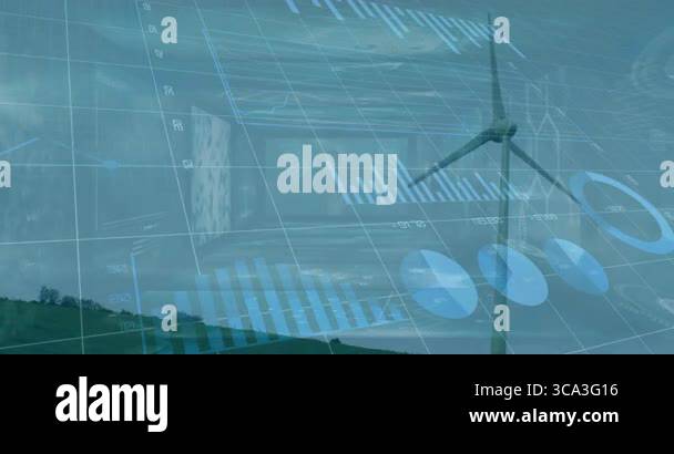 Wind turbine being visualized on grassy hill, 3D grid overlaying scene ...