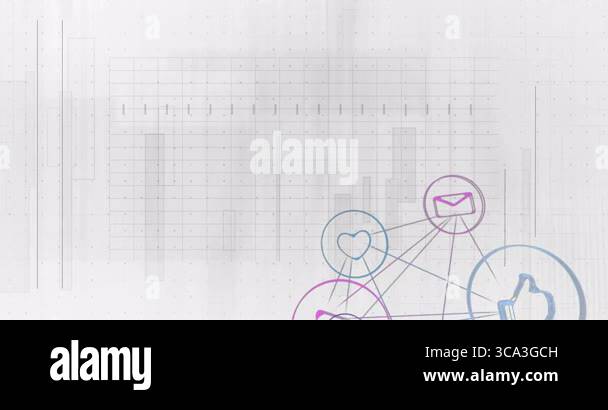 Social media icons connecting over grid and charts, forming animated ...