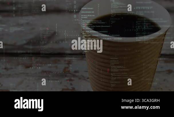 Disposable coffee cup holding dark brew, floating amid C++ code, binary ...