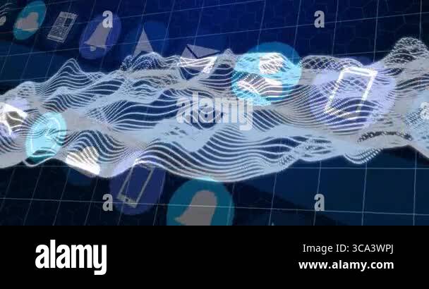 Animated illustration showing light blue data streams navigating blue ...