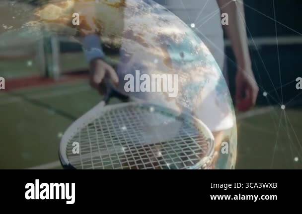 female tennis player gripping racket on court, showing technology ...