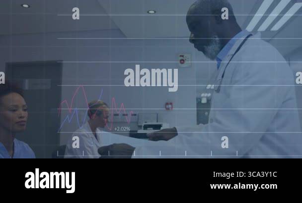 Male doctor examining report in hospital corridor, showing animated ...
