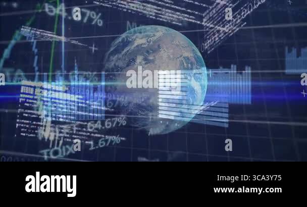 3D Earth globe being animated in blue grid UI with binary streams, line ...
