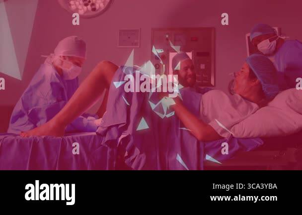 medical team supporting laboring woman in delivery room, with animated ...