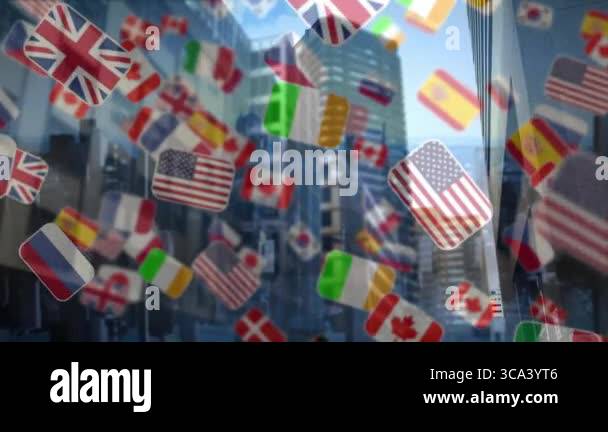 Floating translucent national flag icons forming 3D flat design overlay ...