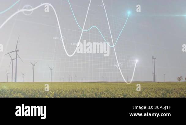 Wind turbines powering clean energy being visualized over yellow fields ...