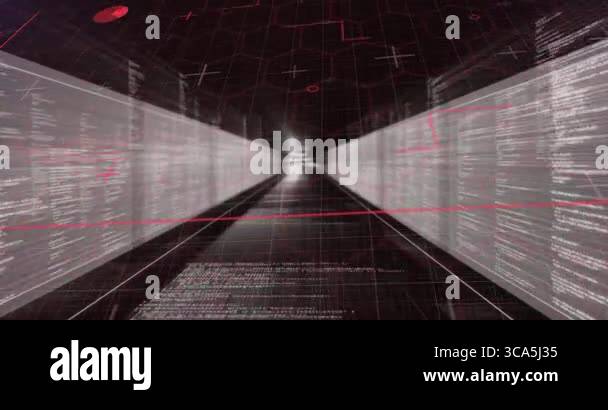 Futuristic data corridor rendering in 3D, with scrolling code panels ...