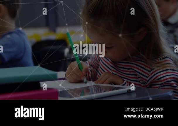female student writing with green pen in classroom showing animated ...