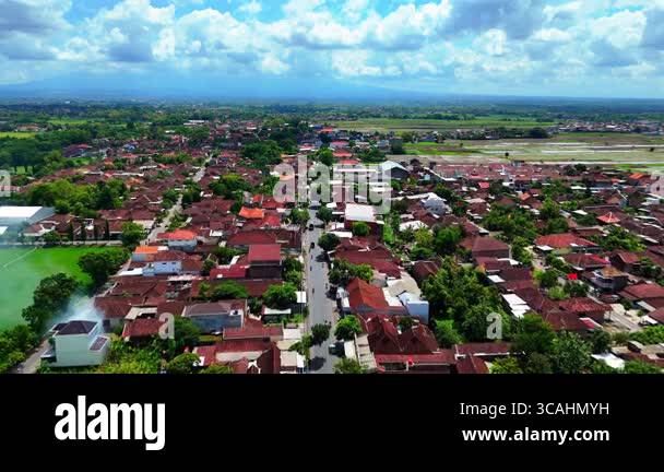 Aerial view showing a Village and mountain in Surakarta, Central Java ...