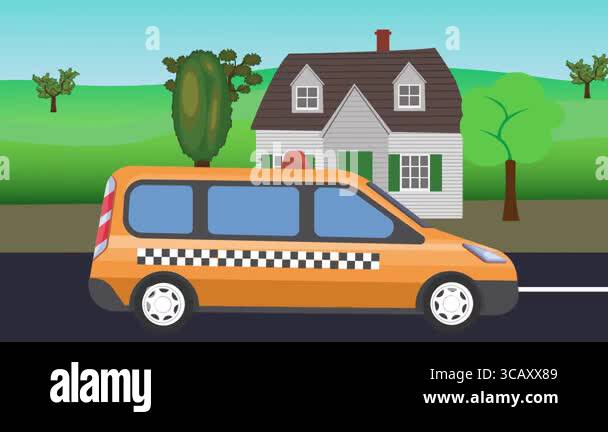 Taxi car running on the way cartoon animation, rural area background ...