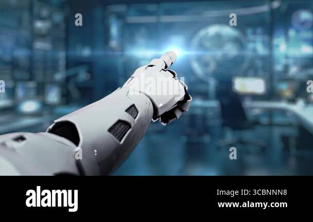 A robotic hand gestures towards a luminous infinity symbol, surrounded ...