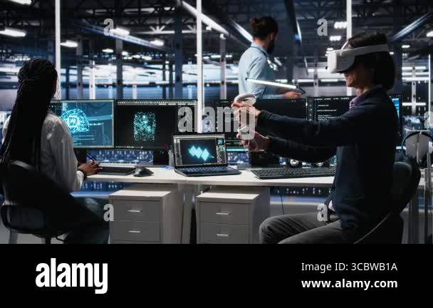 Programmer using VR goggles in data center, coding with generative AI ...