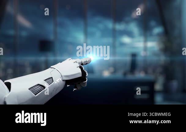 A robotic hand interacts with a high-tech digital cloud interface in a ...