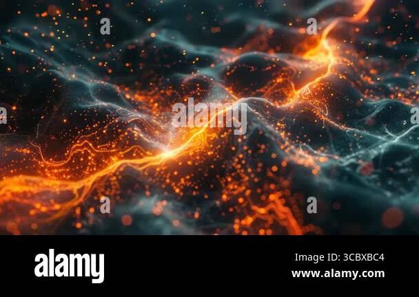 Abstract Energy Flow: Glowing Orange Particles and Lightning Streaks on ...