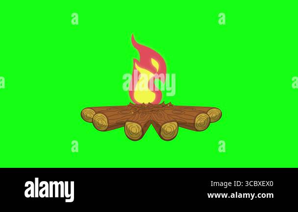 Cartoon 2D Campfire with Flames burning firewood Green screen animation ...