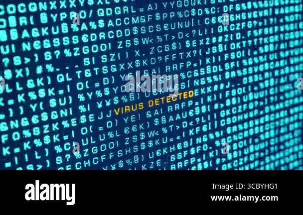 Virus detected, computer warning sign. Random letters, signs, computer ...