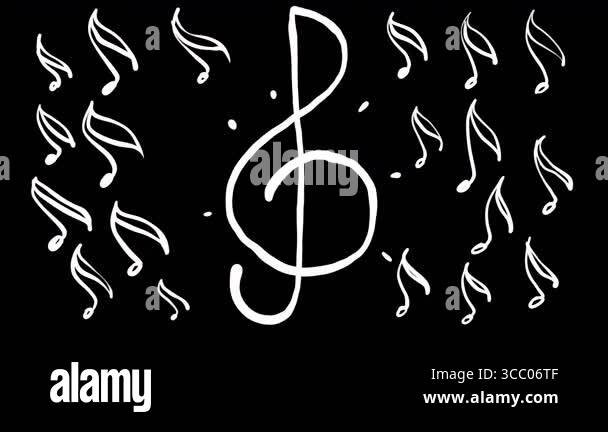 White treble clef surrounded by pulsating notes on black screen. Music ...