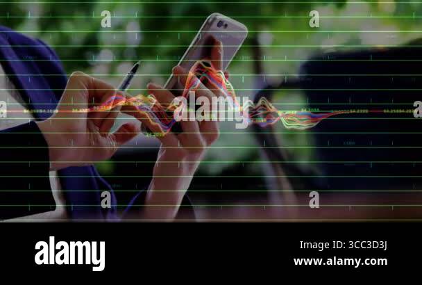 Tapping Phones Animation Businesswoman tapping phone with stylus animating multicolored waveform ...