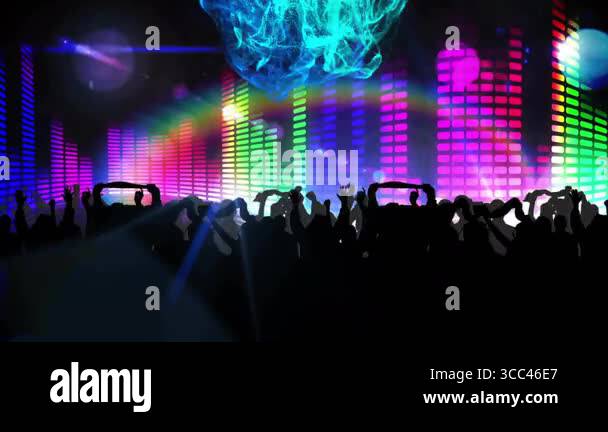 Beat dropping sparking crowd swaying, waving amid cycling color bars ...