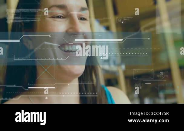 Woman lifting smartphone and tapping through messages while AR UI ...