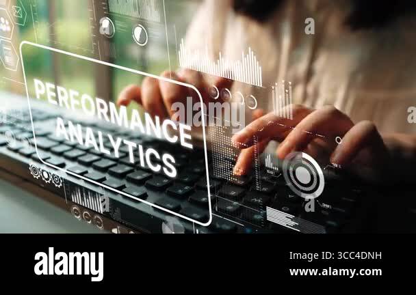 Hands Typing on Keyboard with Performance Analytics Data Visualization ...